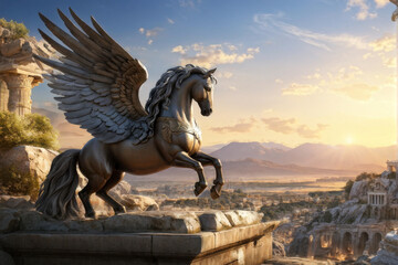 Fototapeta premium Mythical Majesty: legend with this breathtaking image of a majestic Pegasus resting amidst the ruins of ancient Greece. The golden hour light casts a magical glow. generative AI
