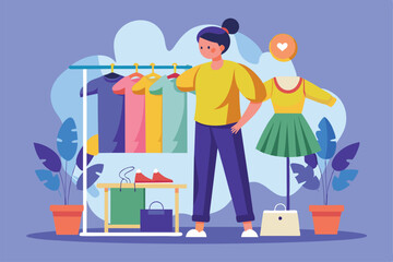 Fototapeta premium A woman with a cheerful expression is choosing from various colorful outfits in a vibrant clothing boutique