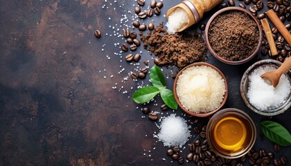 Arrangement of various natural sweeteners and coffee beans on a rustic wooden table in a well-lit kitchen setting