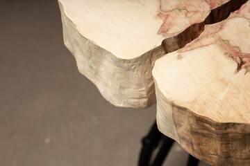 Table made of wooden slab with live edge. Luxury quality wood processing. Exclusive coffee table...