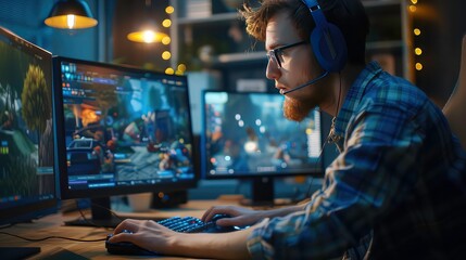 A young man wearing glasses and headphones is sitting in front of two computer monitors. He is playing a video game with a keyboard and mouse. The room is dimly lit.