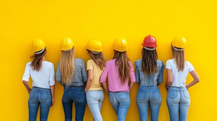 Beautiful young girl in work helmet concept for labor day in usa
