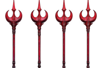 Set collection of devil demon satan red rustic trident pitchfork fork weapon, on transparent background cutout. PNG file. Mockup template for artwork design