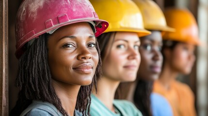 Fototapeta premium Beautiful young girl in work helmet concept for labor day in usa
