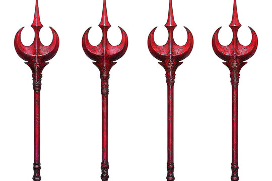 Set collection of devil demon satan red rustic trident pitchfork fork weapon, on transparent background cutout. PNG file. Mockup template for artwork design