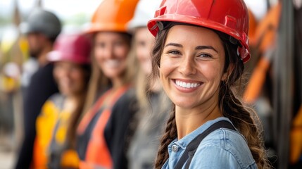 Beautiful young girl in work helmet concept for labor day in usa