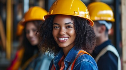 Beautiful young girl in work helmet concept for labor day in usa