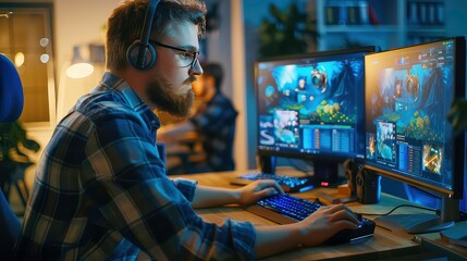 A man with a beard and glasses sits in front of two computer monitors, wearing a headset, and using a keyboard and mouse. He is working or playing a game on the computer.