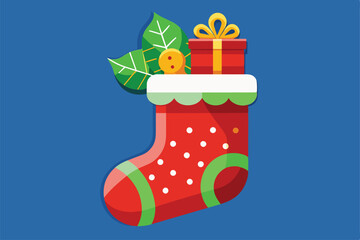 A vibrant illustration showcases a customizable Christmas stocking adorned with gifts and festive leaves, perfect for holiday decor and celebrations