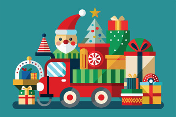 A festive truck loaded with Christmas gifts, toys, and decorations, ready for a joyful holiday toy drive to spread cheer in the community