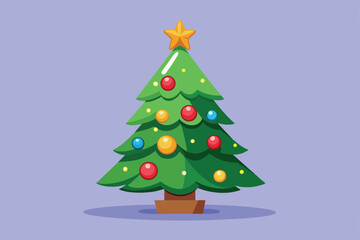 Fototapeta premium A cheerful cartoon Christmas tree adorned with colorful ornaments and a golden star, perfect for holiday-themed designs and decorations