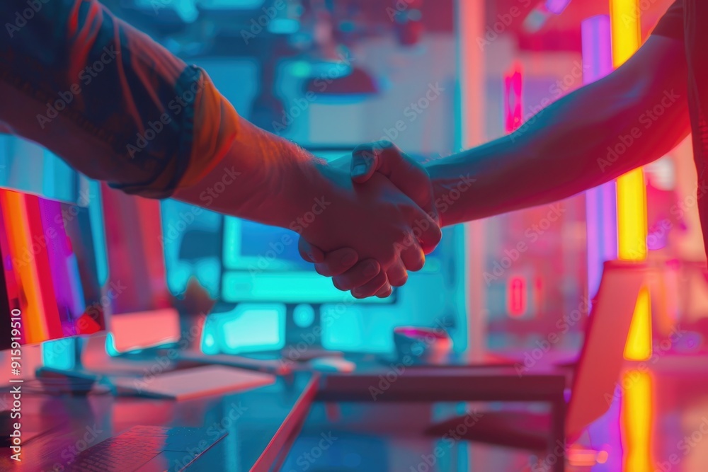 Poster two individuals shake hands while standing in front of a computer, symbolizing a professional meetin
