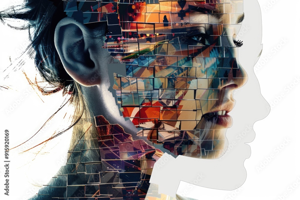 Poster a woman's face with multiple images, great for representing creative ideas or technology concepts