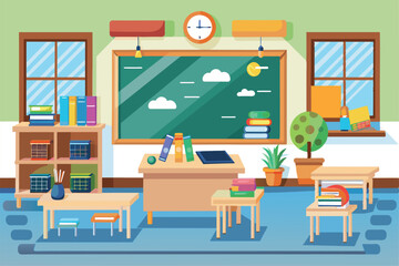 A vibrant classroom featuring desks, bookshelves, a chalkboard, and colorful decor, fostering a dynamic learning experience for students