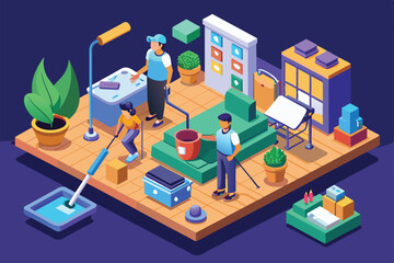 A cleaning service team is busy tidying up a vibrant living room, using various tools and equipment to maintain a neat and welcoming environment