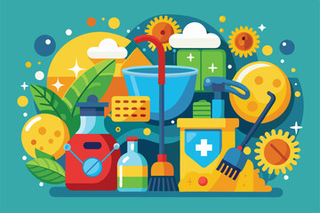A collection of cleaning supplies and tools arranged neatly, highlighting the importance of cleanliness and hygiene in daily life