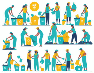 Characters Throw Covid Waste Used Masks and Gloves into Special Litter Bins and on Street. Janitors Collecting Garbage