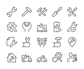Repair, Icon Set. Tools and Actions for Fixing and Adjusting. Screwdriver, Wrench, Hammer, Mechanism, Car, Tech, Assistance, Settings. Maintenance and Technical Support. Line with editable stroke