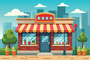 A quaint storefront with a striped awning is surrounded by greenery, showcasing potted plants and a serene urban backdrop under a clear sky