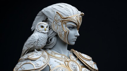 Majestic portrayal of Athena, the Greek goddess of wisdom and war, adorned in intricate armor with a wise owl perched on her shoulder, symbolizing knowledge and protection