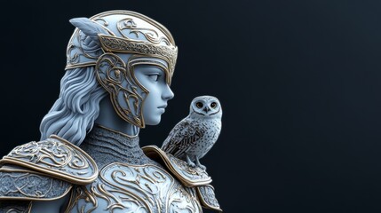 Elegant Athena, Greek Goddess of Wisdom, captured in a side profile wearing ornate armor, with an owl perched on her shoulder, symbolizing wisdom and strategic warfare