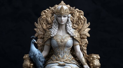 Queen Hera seated regally on a golden throne, with a majestic peacock by her side, symbolizing royalty and divine authority in ancient mythology