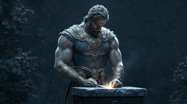 Hephaestus, god of fire and blacksmiths, forging weapons with his mighty hammer in a dimly lit forge, capturing the essence of ancient craftsmanship