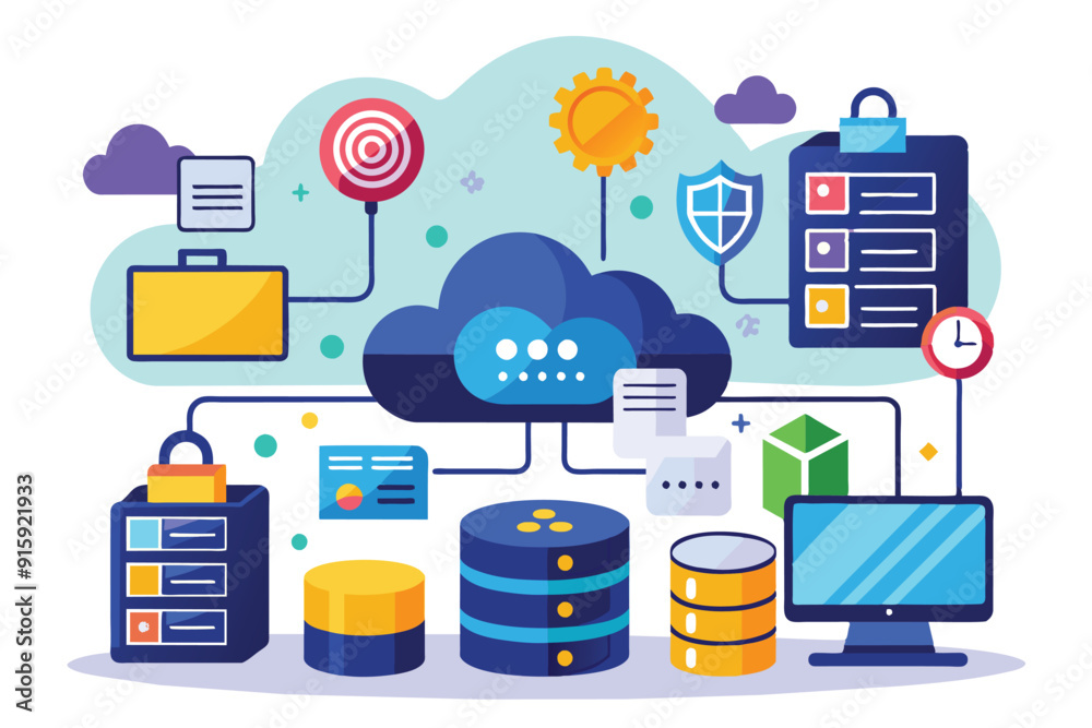 Poster a colorful illustration shows cloud storage connected to databases, security features, and user inte