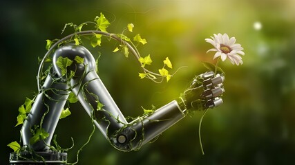 Robotic Arm Made from Plant Materials, Gently Holding a Flower with Integrated Vines and Leaves