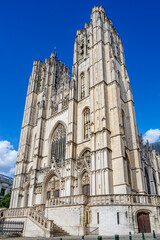 Naklejka premium Facade of the gothic cathedral of Brussels, St. Michael and St. Gudula Cathedral in Brussels, Belgium