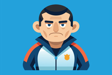 A determined coach in a blue tracksuit prepares to lead his team to victory with focus and enthusiasm at a local sports event