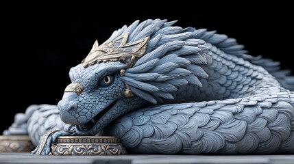 Quetzalcoatl, the feathered serpent, majestically resting with intricate feathered details, symbolizing ancient power and wisdom