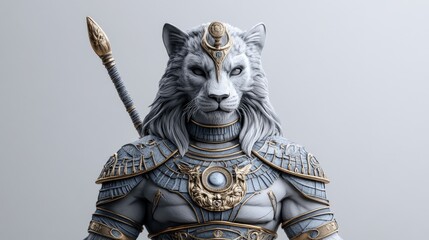 Fototapeta premium Noble feline warrior adorned in intricate gold and silver armor, embodying the strength, wisdom, and grace of a divine lioness-headed goddess