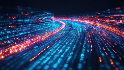Obraz premium Digital data flow on road in concept of cyber global communication and coding with graphic creating vision of fast speed transfer to show agile digital transformation disruptive innov : Generative AI