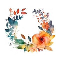 Watercolor Floral Wreath with Orange Flower and Green Leaves.