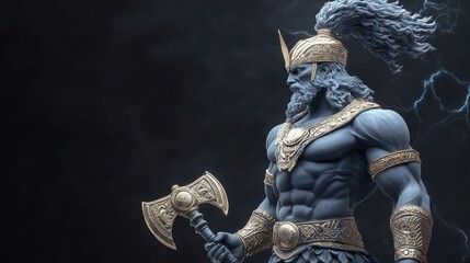 Mighty Yoruba god of thunder and lightning, Shango, wielding a double-headed axe, radiating immense power in a stormy, electrified atmosphere