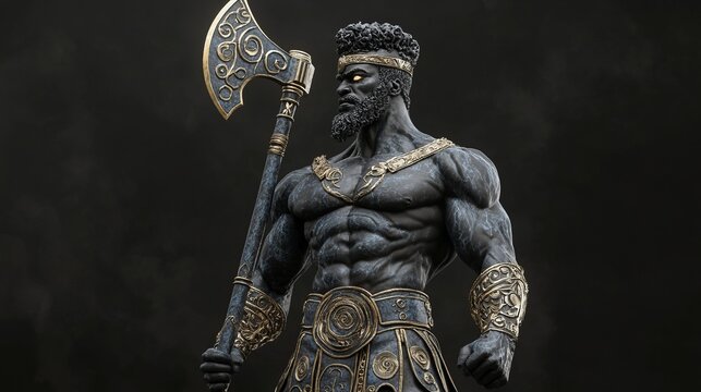 Mighty Yoruba god of thunder, Shango, wielding a powerful, ornate double-headed axe, radiating divine power and authority in a stormy atmosphere.