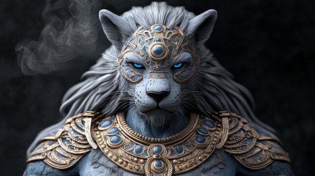 Fierce Lion God in Ornate Battle Armor, Representing Strength and Authority, with Glowing Blue Eyes and a Golden Crown