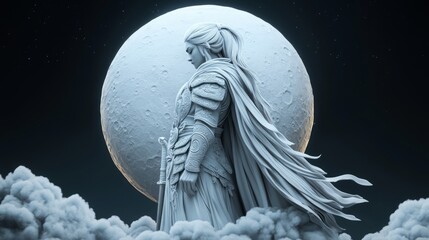 Obraz premium Celestial Moon God Standing Among Clouds Under a Full Moon, Draped in Flowing Robes and Armor, Emblem of Divine Tranquility