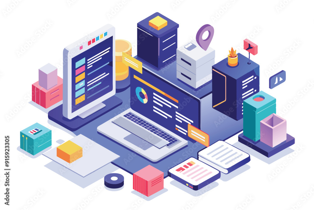 Aufkleber a colorful isometric illustration features a laptop displaying code snippets surrounded by various o