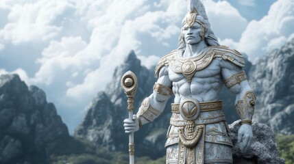 Fototapeta premium Viracocha, the Andean Creator God, Holding a Sacred Staff, Standing Amidst Majestic Mountains, Symbolizing Creation, Authority, and the Power of Nature