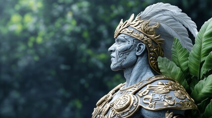 Aztec Warrior Wearing a Feathered Headdress and Ornate Gold Armor, Set Against a Lush Green Background, Symbolizing Strength and the Harmony of Nature