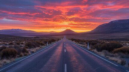 A scenic road stretching into a vibrant sunset over mountains and fields.