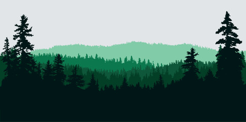 Panoramic coniferous woodland silhouette background