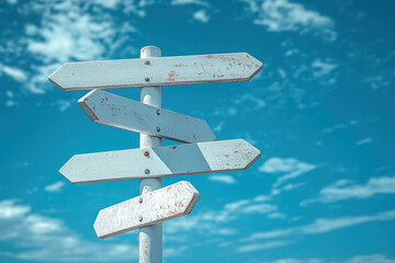 Image of five blank white road signs pointing in different directions against a bright blue sky with scattered clouds.

