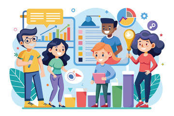 A group of diverse individuals collaborates on cohort analysis activities while presenting charts and graphs in a lively workspace