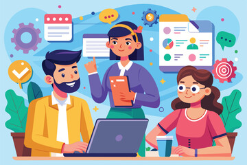 A team discusses ideas with a laptop and notebooks in a colorful office. They share insights while surrounded by cheerful decor and motivational graphics