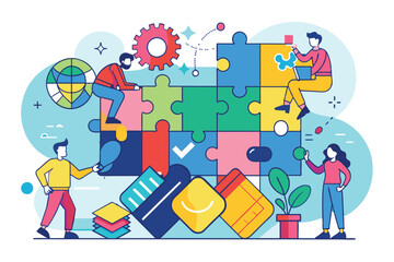 A group of diverse individuals engages in collaborative puzzle solving, showcasing teamwork and creativity in a vibrant office environment