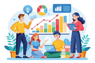 A group of colleagues collaborates on growth charts, discussing insights and strategies in a contemporary office environment
