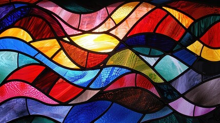 Light filters through an intricate stained glass design, casting colorful reflections in the surrounding space